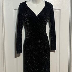 Elegant Black Sparkle V-Neck Wrap Dress   Size 2